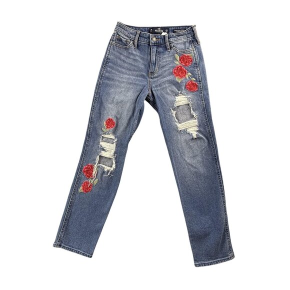 Hollister Denim - Hollister High Rise Slim Straight Jeans Women 0R Distressed Rose Embroidered Y2K